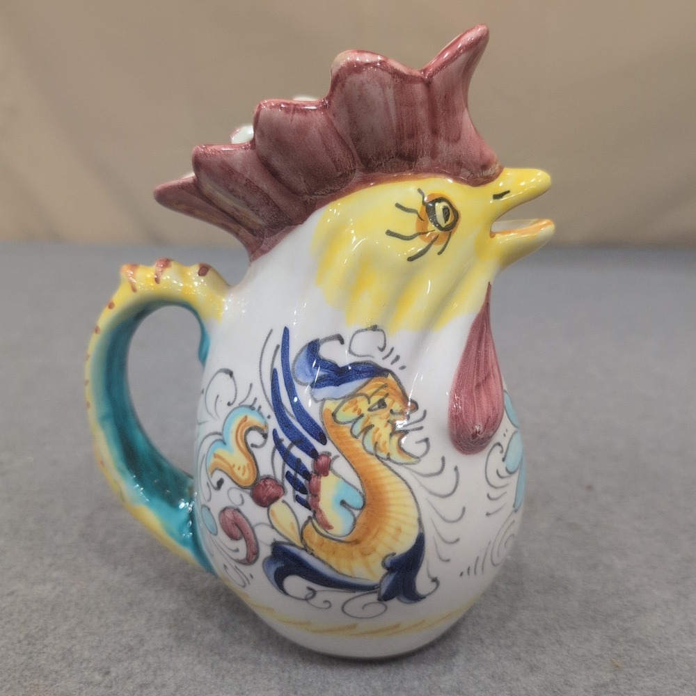 Vintage Italian Ceramic Rooster Pitcher Hand Painted Raffaellesco Dragon Creamer - Picture 3 of 8